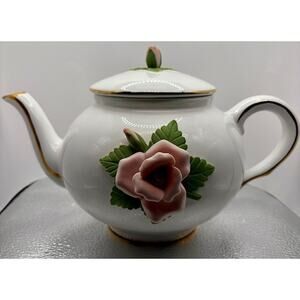 Vintage Teapot 3D Pink Rose Planter Pot White Gold Trim